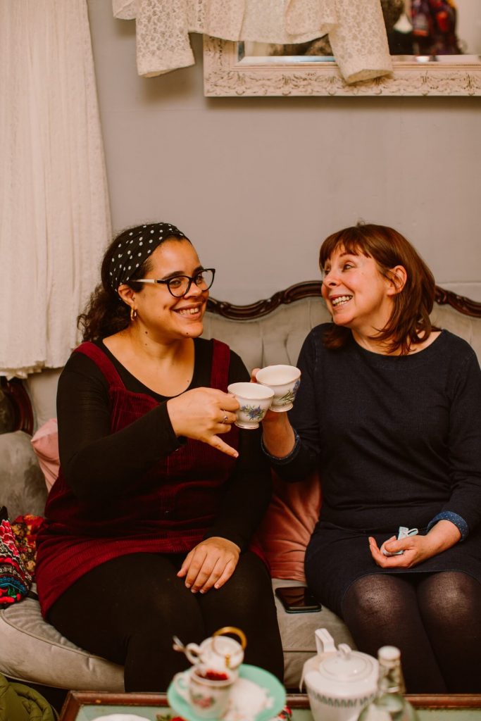 friends enjoying tea during a bridal appointment at Ashwell & Co