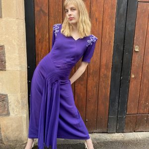 Incredible 1940s Purple Crepe Evening Gown with Beaded Details