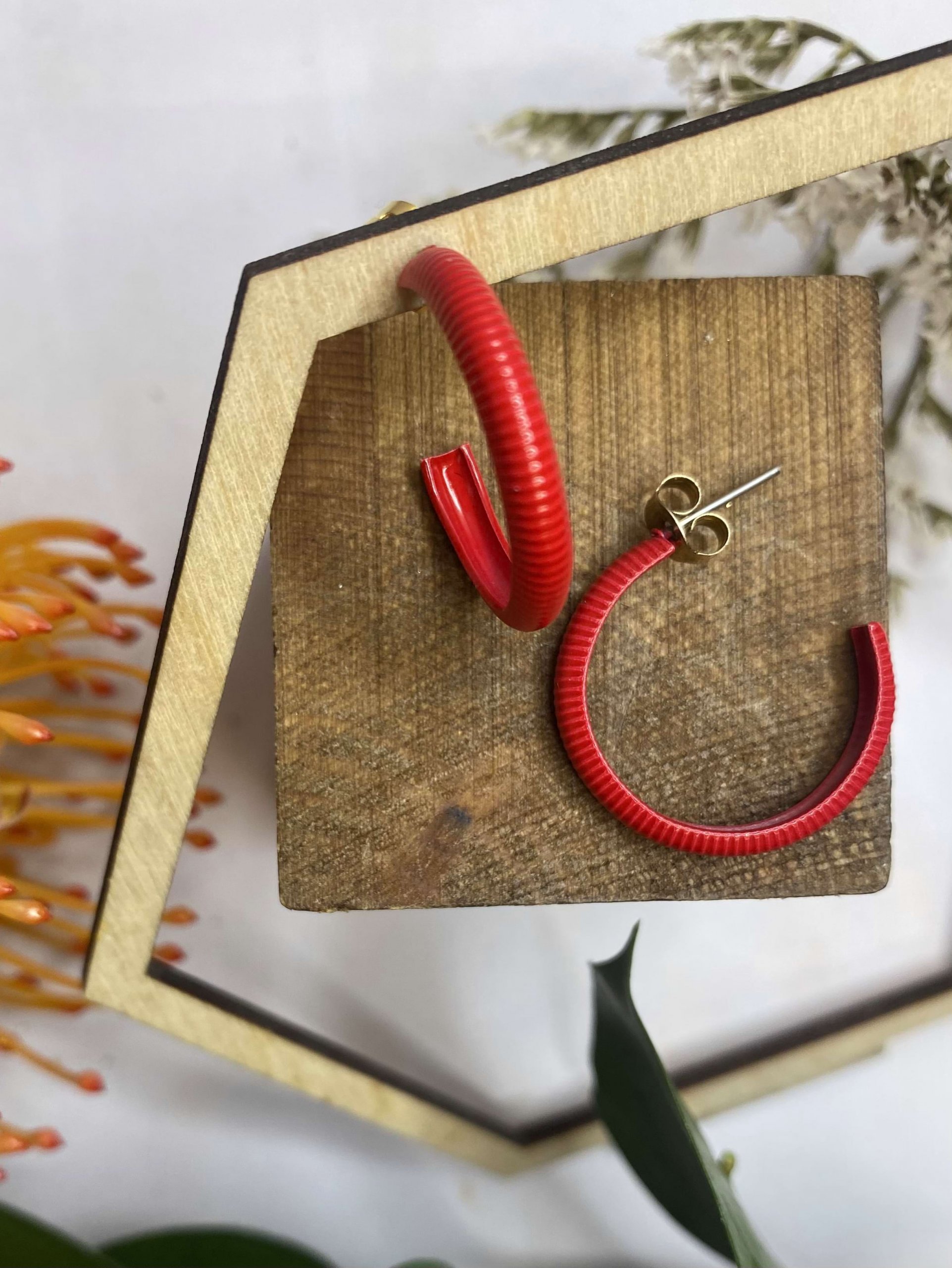 Red Ridged Hoop Earrings
